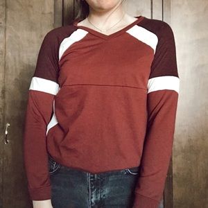 maroon and cream long sleeve sweatshirt